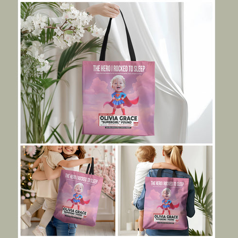 Personalized Supergirl Baby Tote Bag – Funny Superhero Gift for Mom with Custom Photo & Name